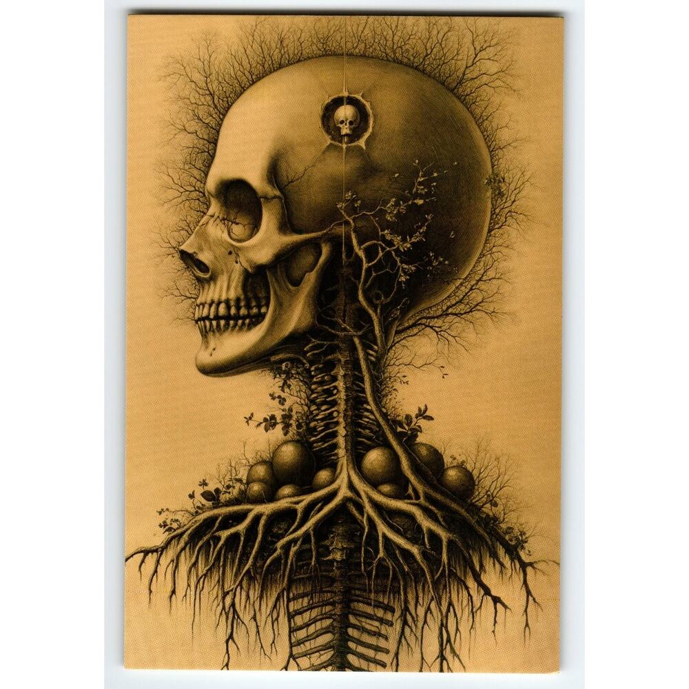 Photochrome Art Postcard Surreal Skull with Tree Roots and Eggs